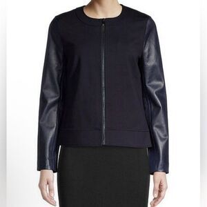 St. John Women's Blue Jacket Size 6 Leather Sleeves Front Zip Classic Neckline